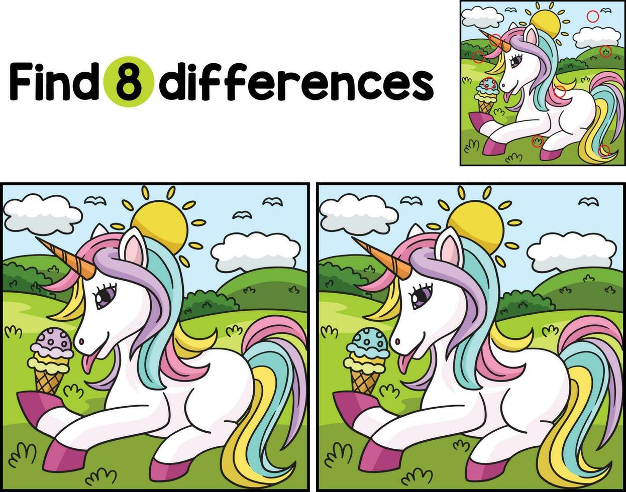 Unicorn Eating Ice Cream Find The Differences vector