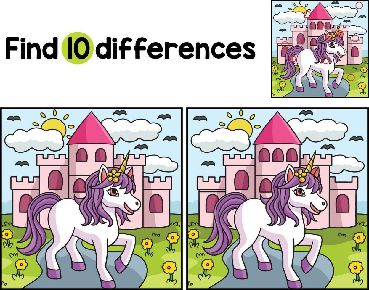 Unicorn Princess and Castle Find The Differences vector
