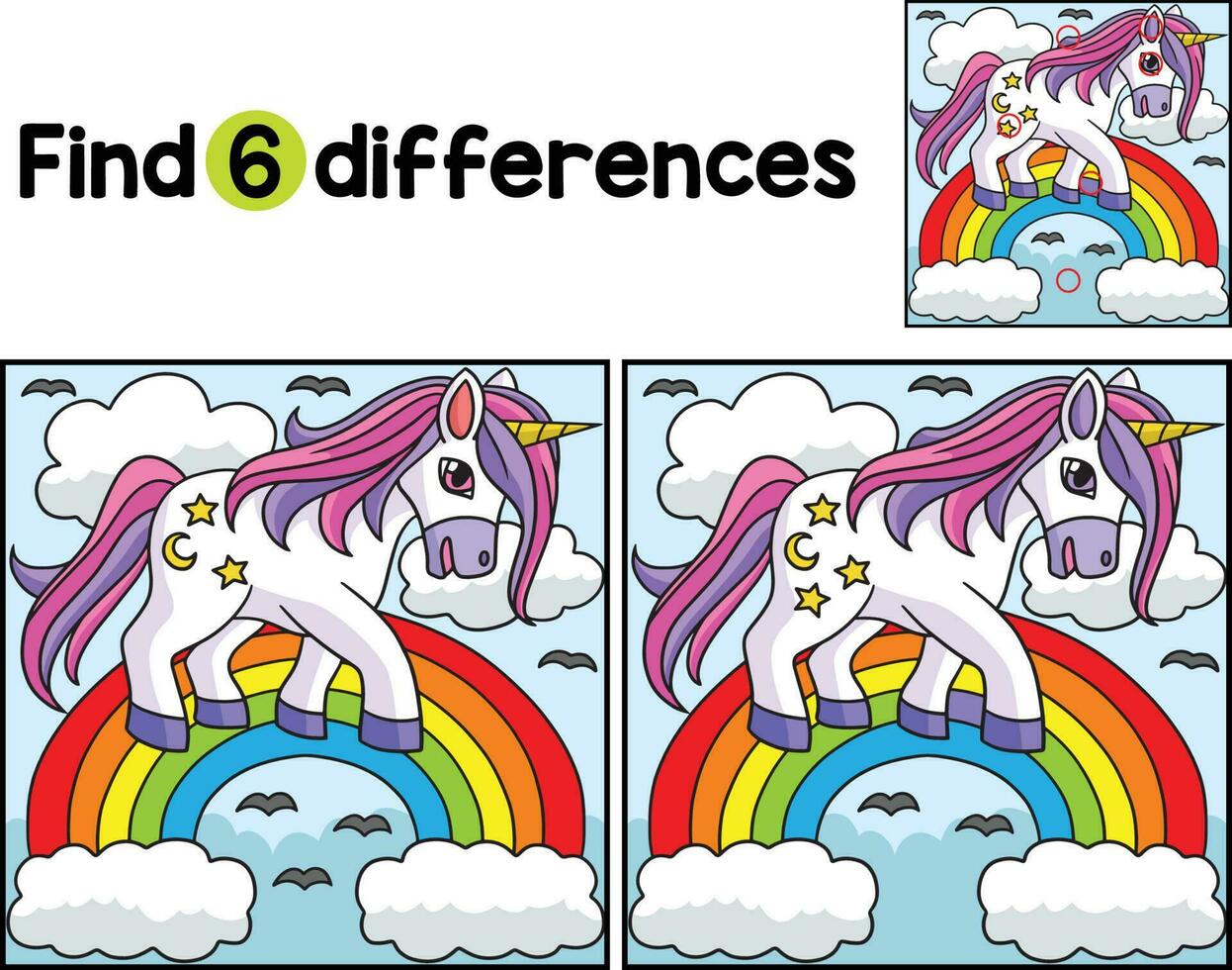 Unicorn Walking on Rainbow Find The Differences vector