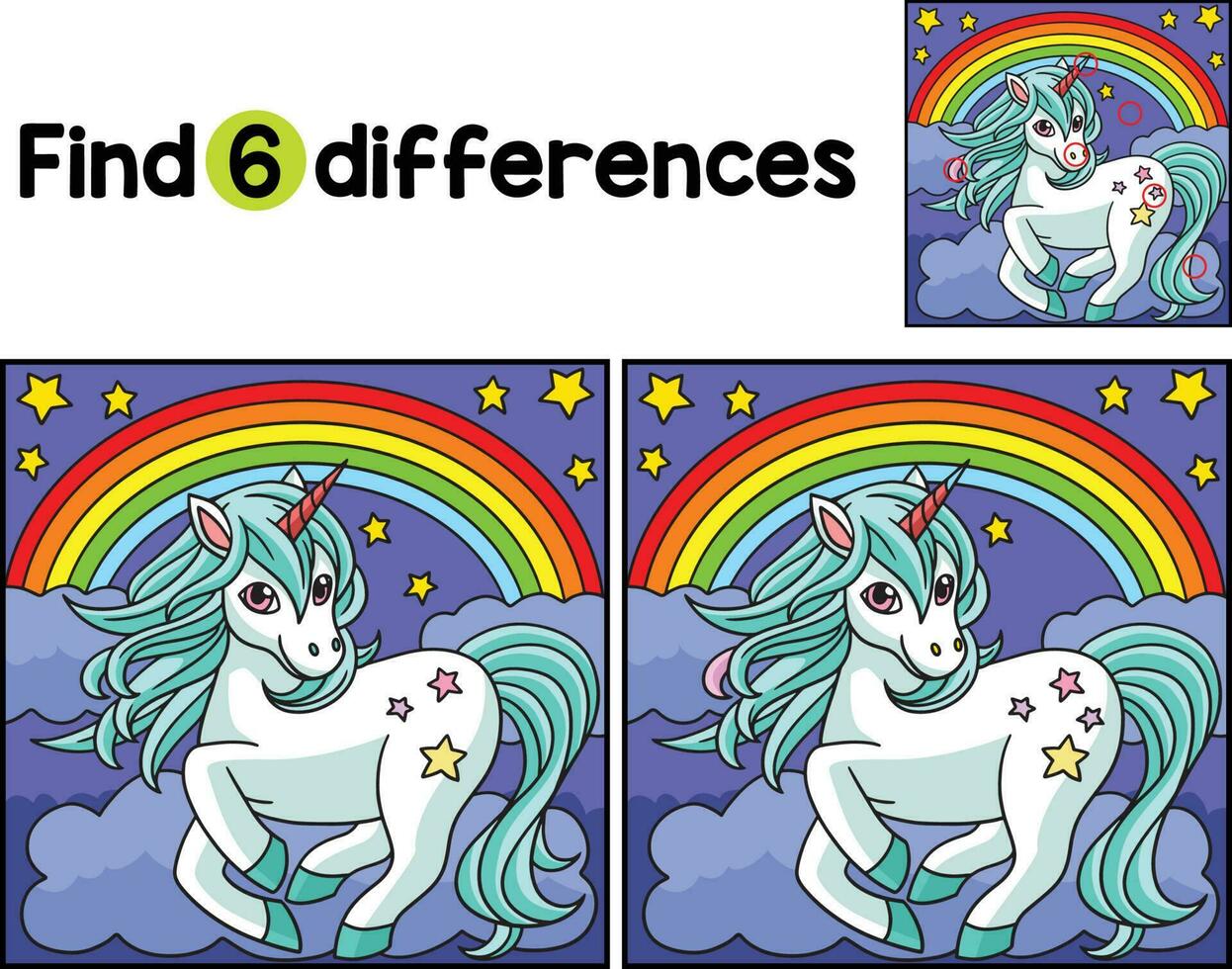 Unicorn Standing the Rainbow Find The Differences vector