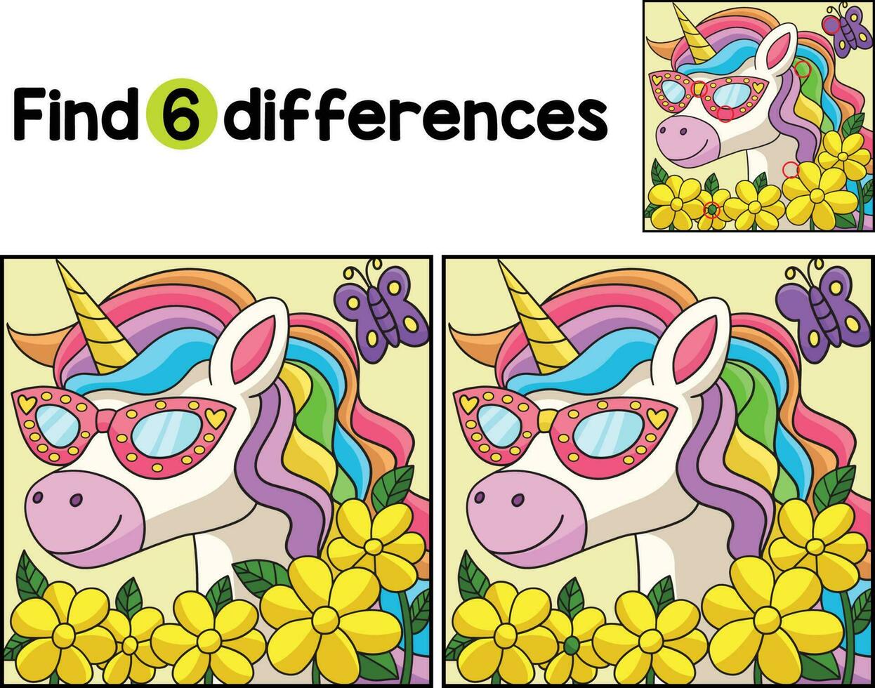 Unicorn with Sunglasses Find The Differences vector