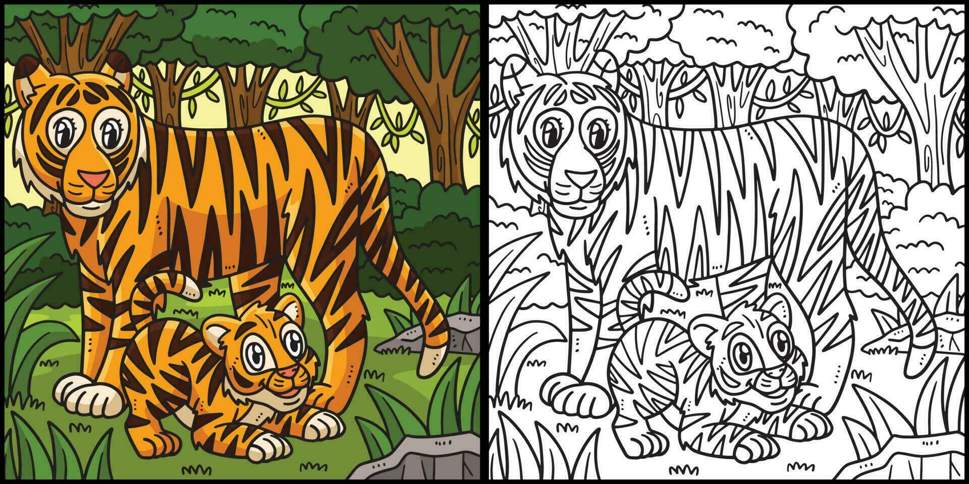 Mother Tiger and Cub Coloring Page Illustration vector