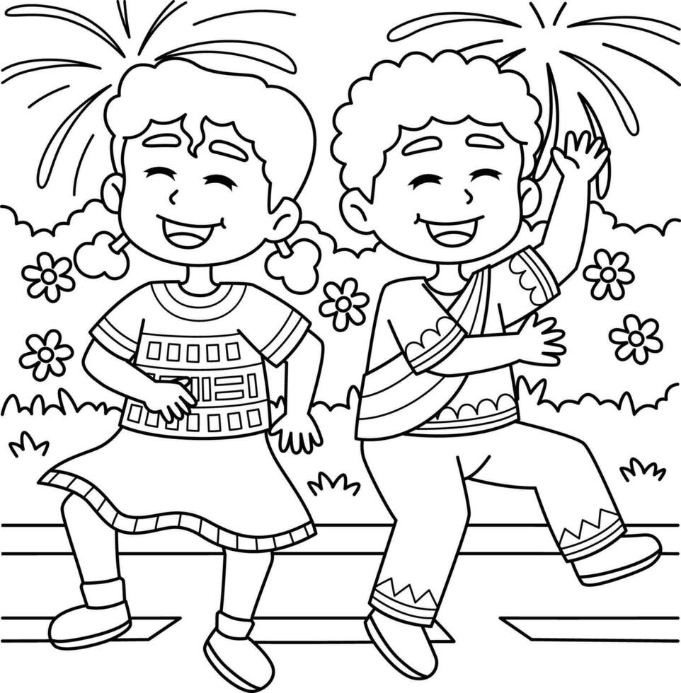 chico y niña bailando en diecinueve de junio colorante página vector