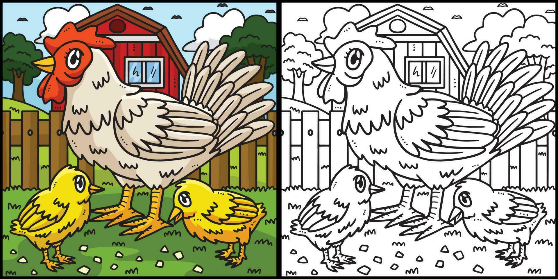Hen and Chick Coloring Page Colored Illustration vector