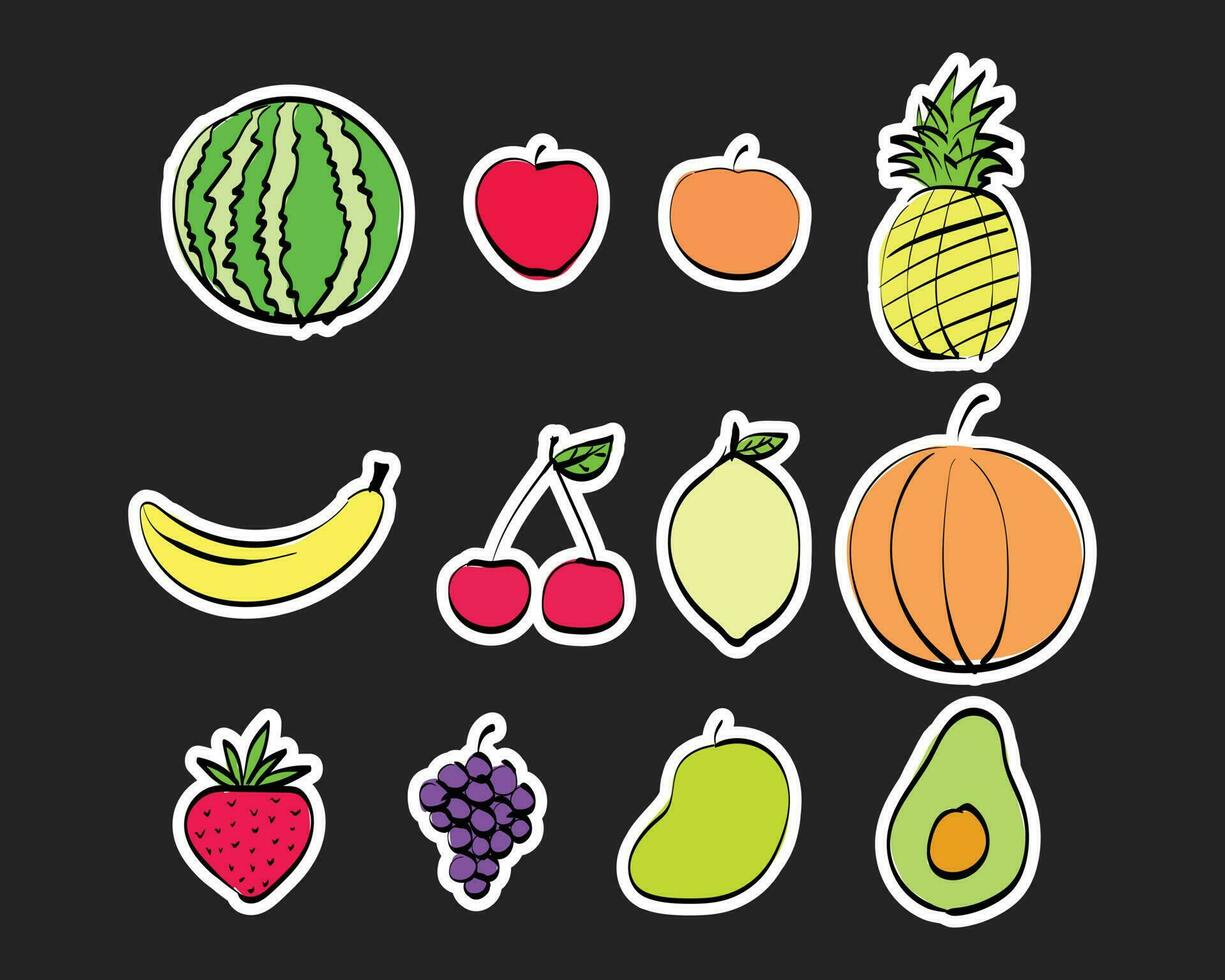 conjunto de frutas plano vector diseño. vistoso y diferente tipo de frutas en mano dibujado estilo. adecuado para cocinando, alimento, o jardinería relacionado ilustración.