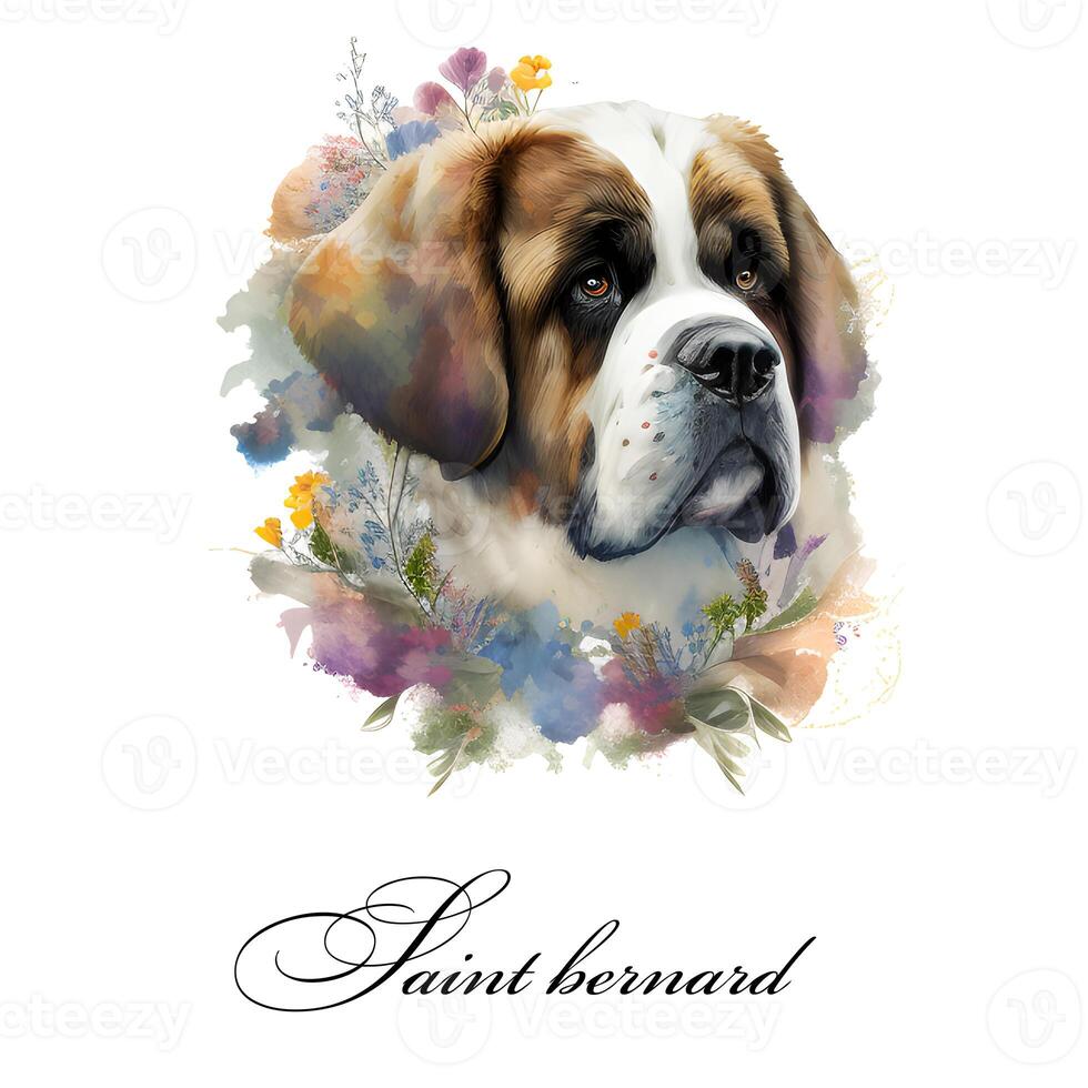 Watercolor illustration of a single dog breed Saint Bernard with flowers. Guide dog, a disability assistance dog. Watercolor animal collection of dogs. Dog portrait. Illustration of Pet. photo