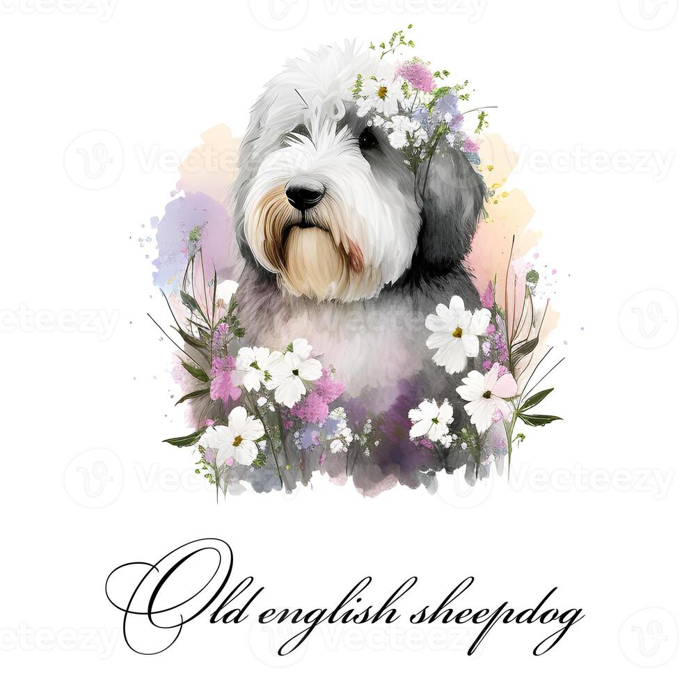 Watercolor single dog breed old english sheepdog with flowers. Guide dog, a disability assistance dog. Watercolor animal collection of dogs. Dog portrait. Illustration of Pet. photo