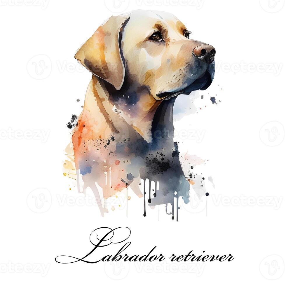 Watercolor illustration of a single dog breed labrador retriever. Guide dog, a disability assistance dog. Watercolor animal collection of dogs. Dog portrait. Illustration of Pet. photo