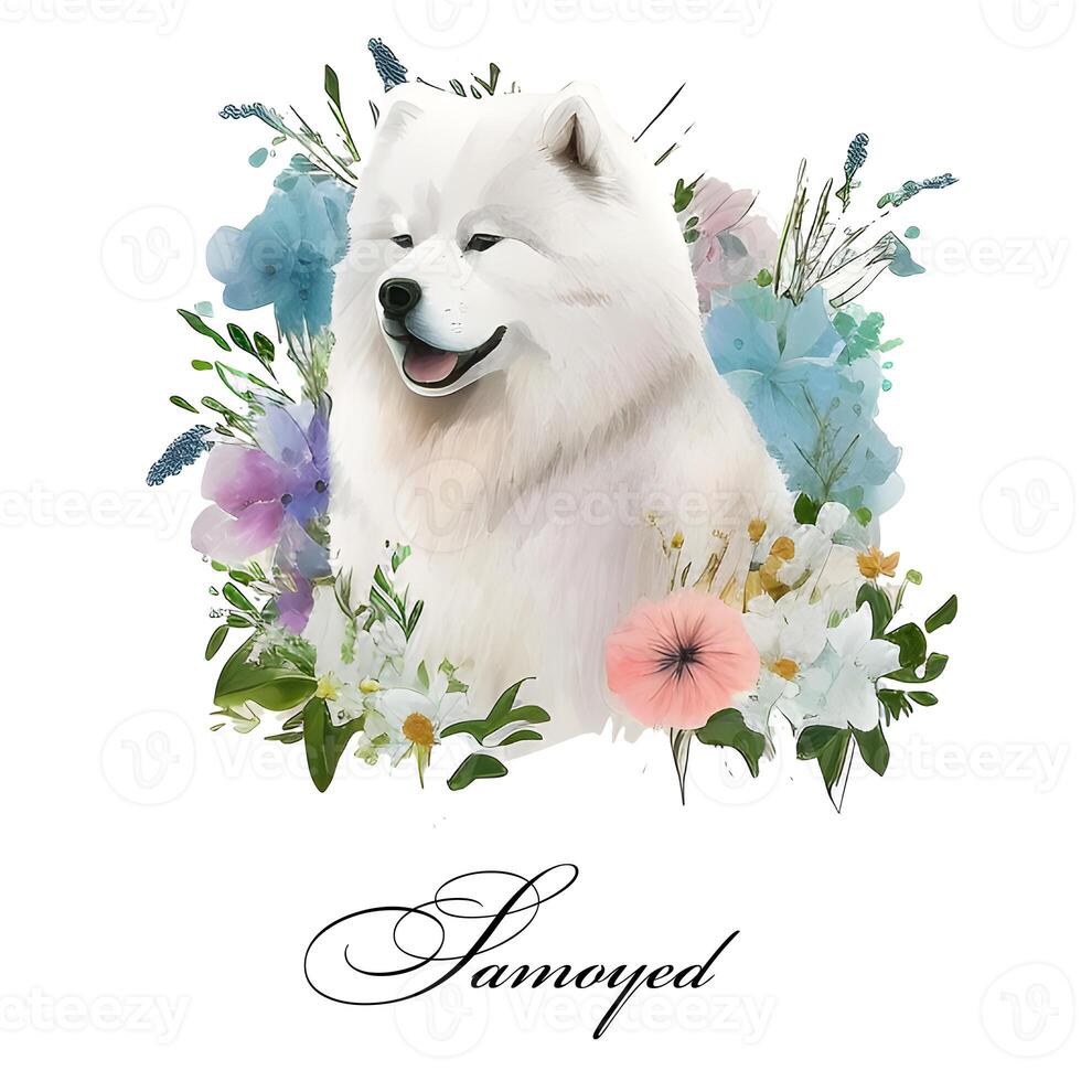 Watercolor illustration of a single dog breed samoyed with flowers. Guide dog, a disability assistance dog. Watercolor animal collection of dogs. Dog portrait. Illustration of Pet. photo