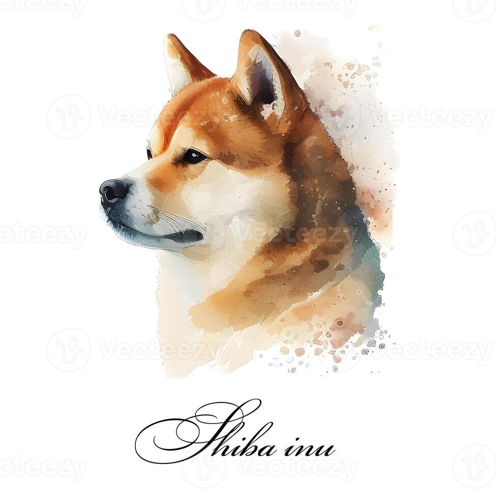 Watercolor illustration of a single dog breed shiba inu. Guide dog, a disability assistance dog. Watercolor animal collection of dogs. Dog portrait. Illustration of Pet. photo