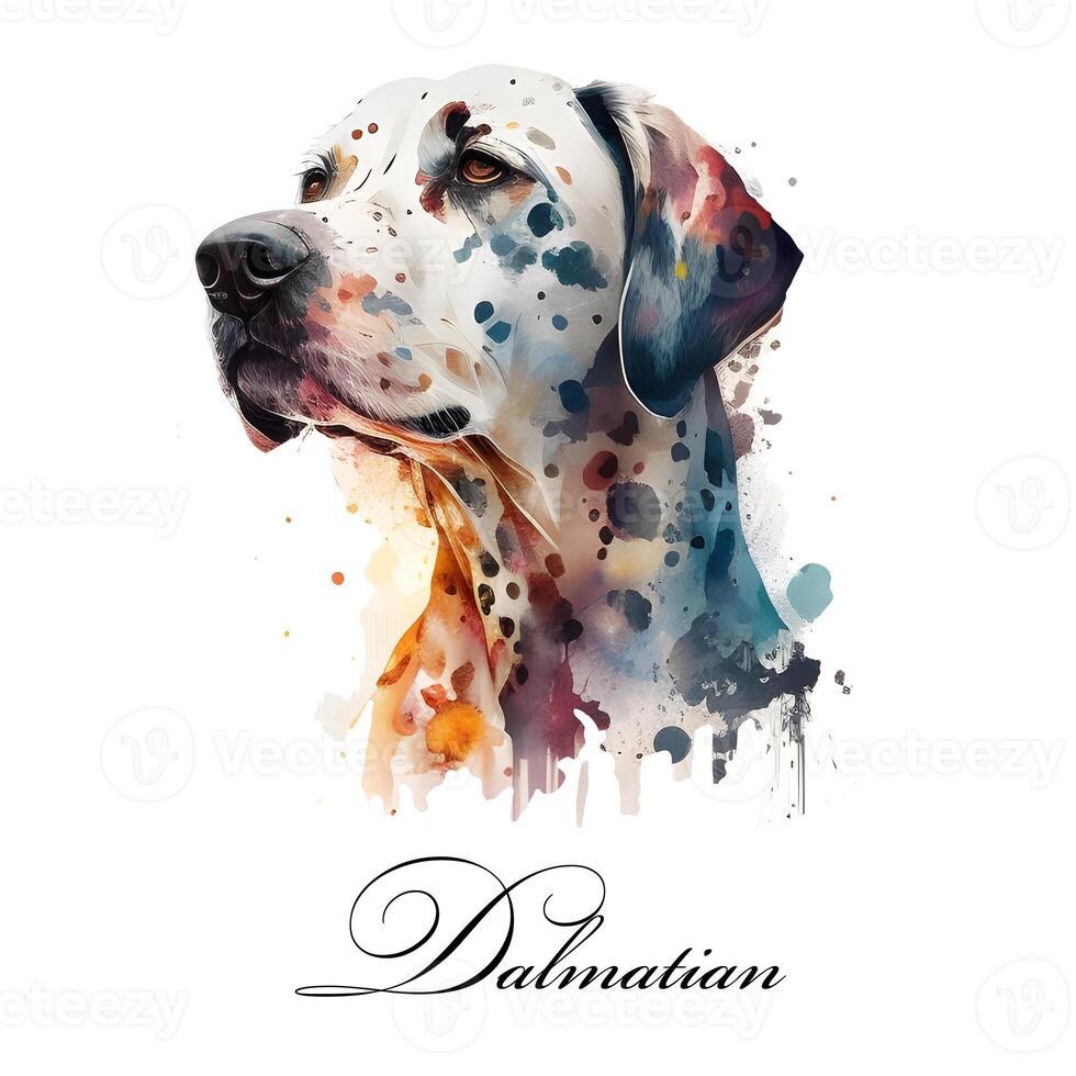 Watercolor illustration of a single dog breed dalmatian. Guide dog, a disability assistance dog. Watercolor animal collection of dogs. Dog portrait. Illustration of Pet. photo