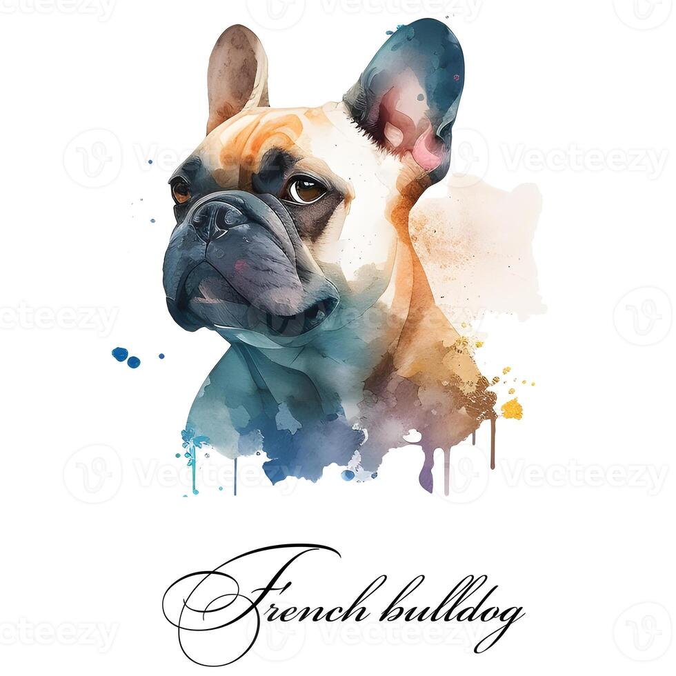 Watercolor illustration of a single dog breed french bulldog. Guide dog, a disability assistance dog. Watercolor animal collection of dogs. Dog portrait. Illustration of Pet. photo