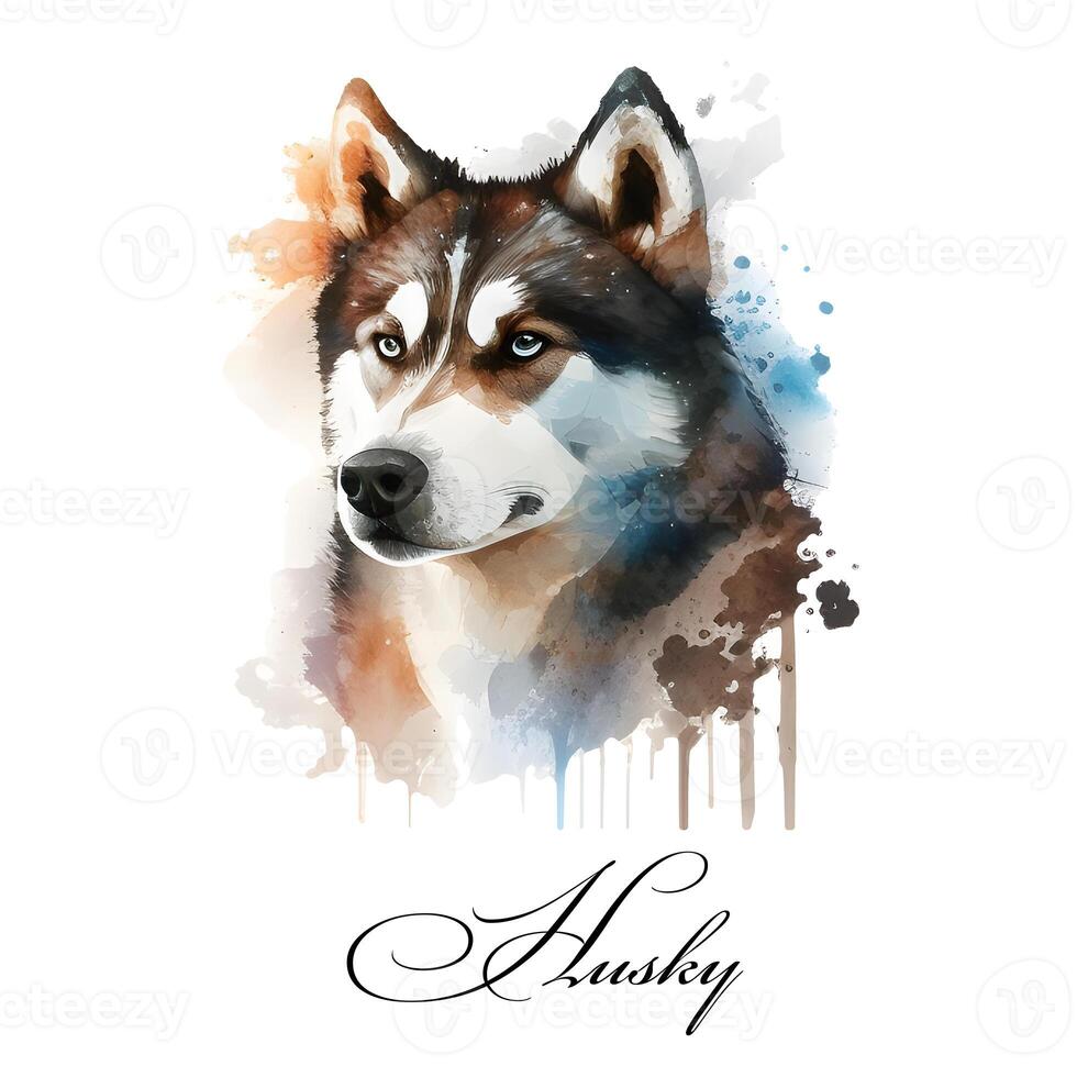 Watercolor illustration of a single dog breed husky. Guide dog, a disability assistance dog. Watercolor animal collection of dogs. Dog portrait. Illustration of Pet. photo