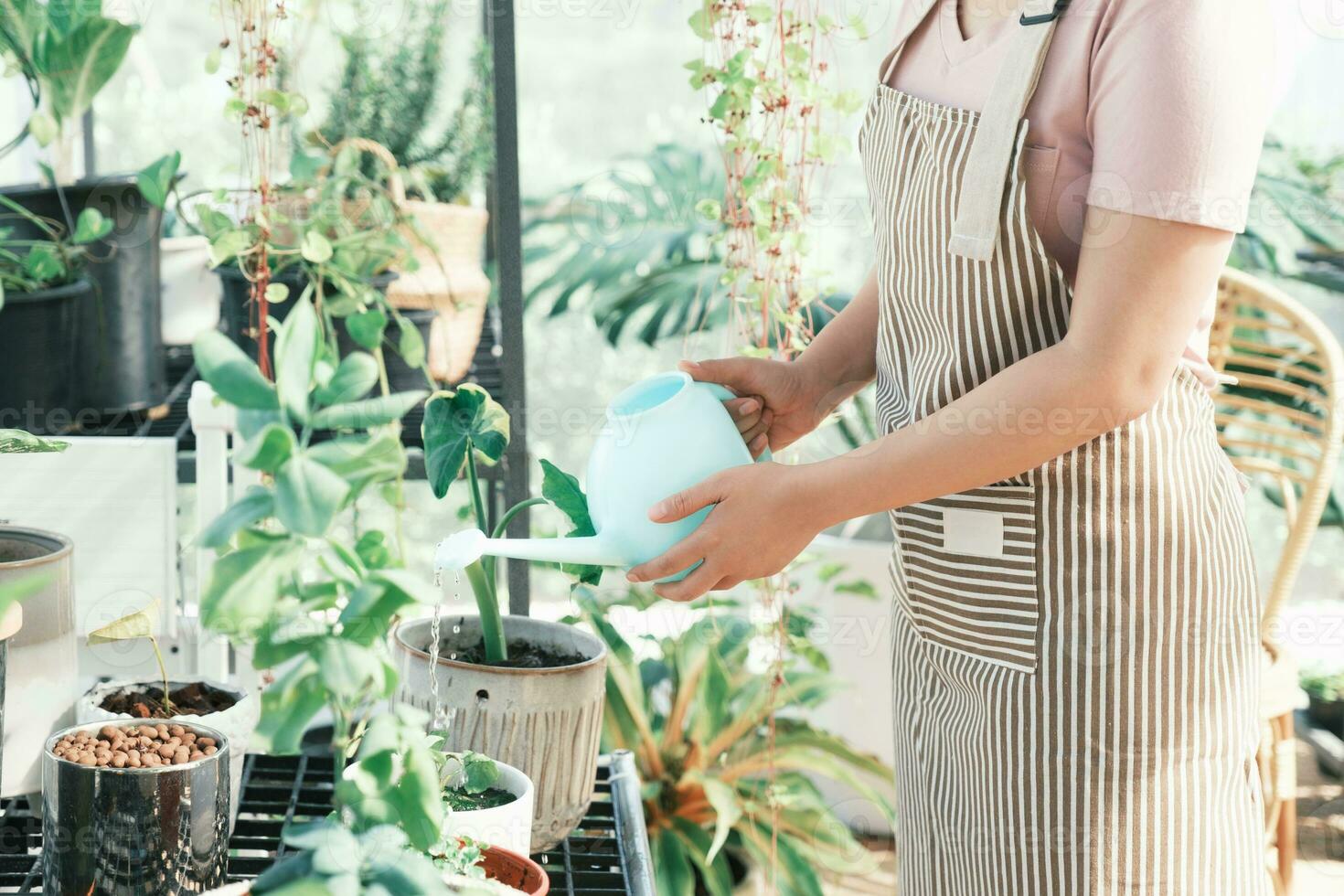 joven mujer planta propietario tienda riego plantas en un planta tienda. foto
