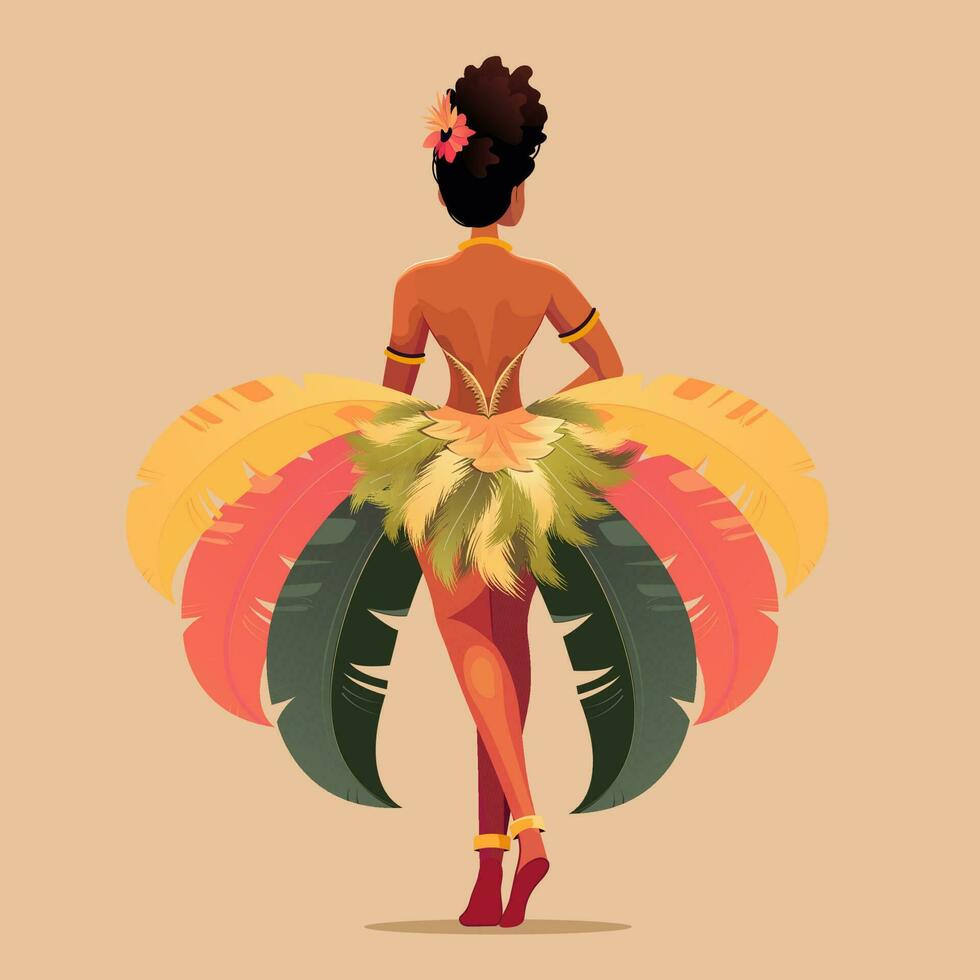 posterior ver de pluma tocado vistiendo brasileño hembra personaje en en pie actitud en melocotón antecedentes. carnaval o samba danza concepto. vector