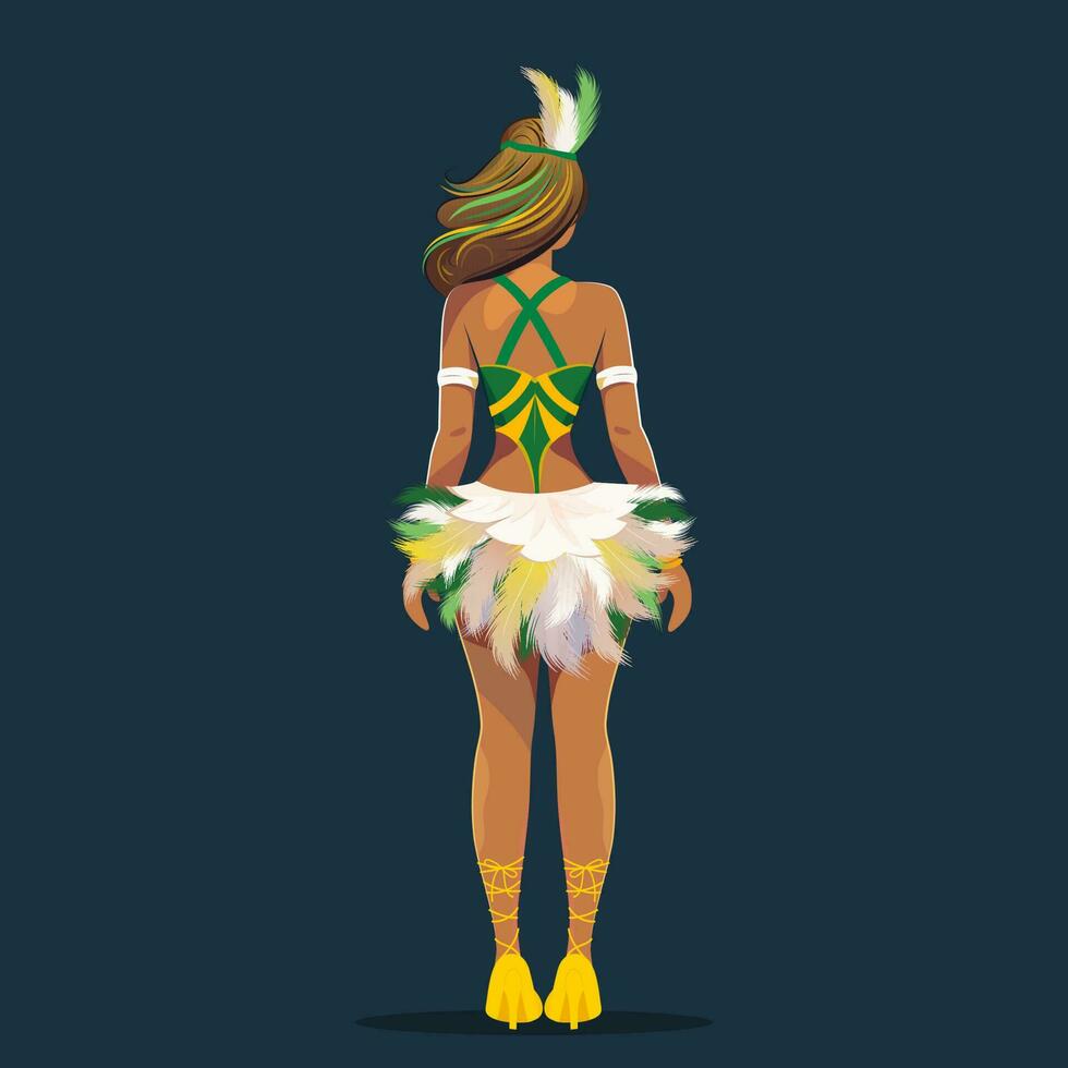 Rear View of Feather Headdress Wearing Brazilian Female Character In Standing Pose on Slate blue Background. Carnival Or Samba Dance Concept. vector
