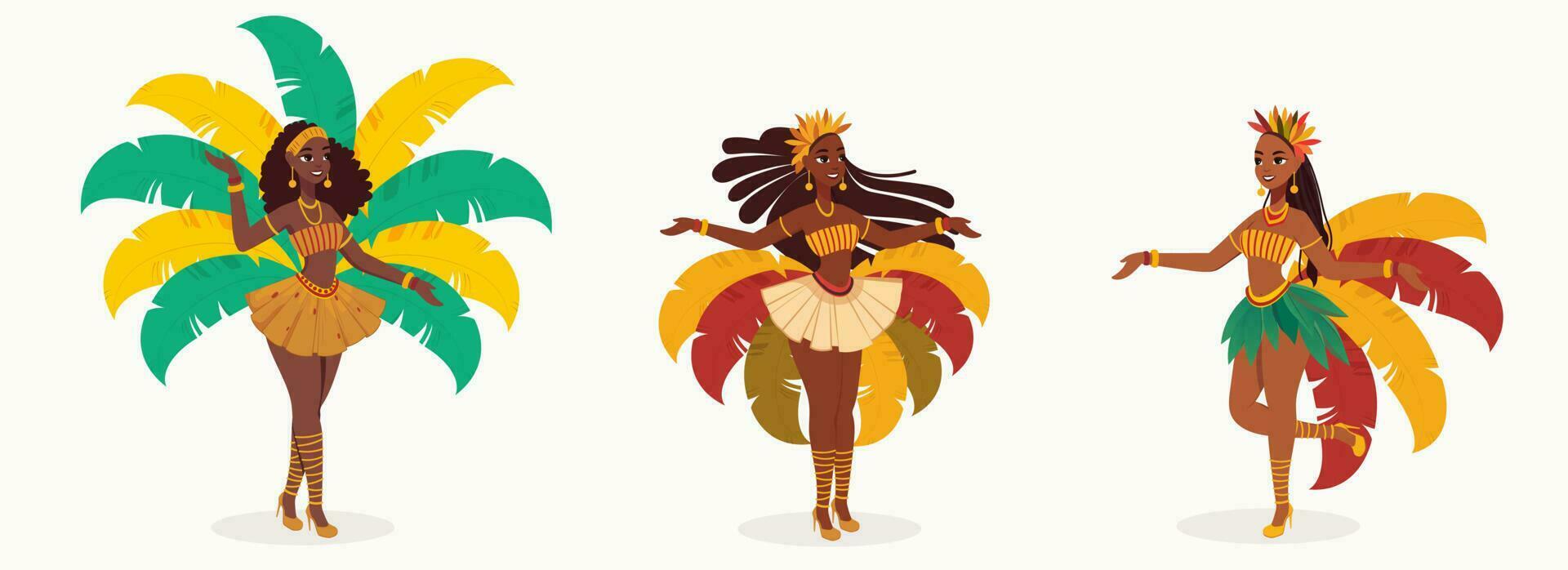 hermosa samba hembra bailarines personaje en pie en bailando pose. vector