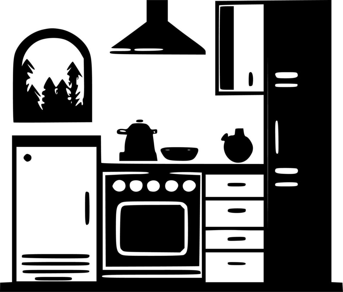 Kitchen, Black and White Vector illustration