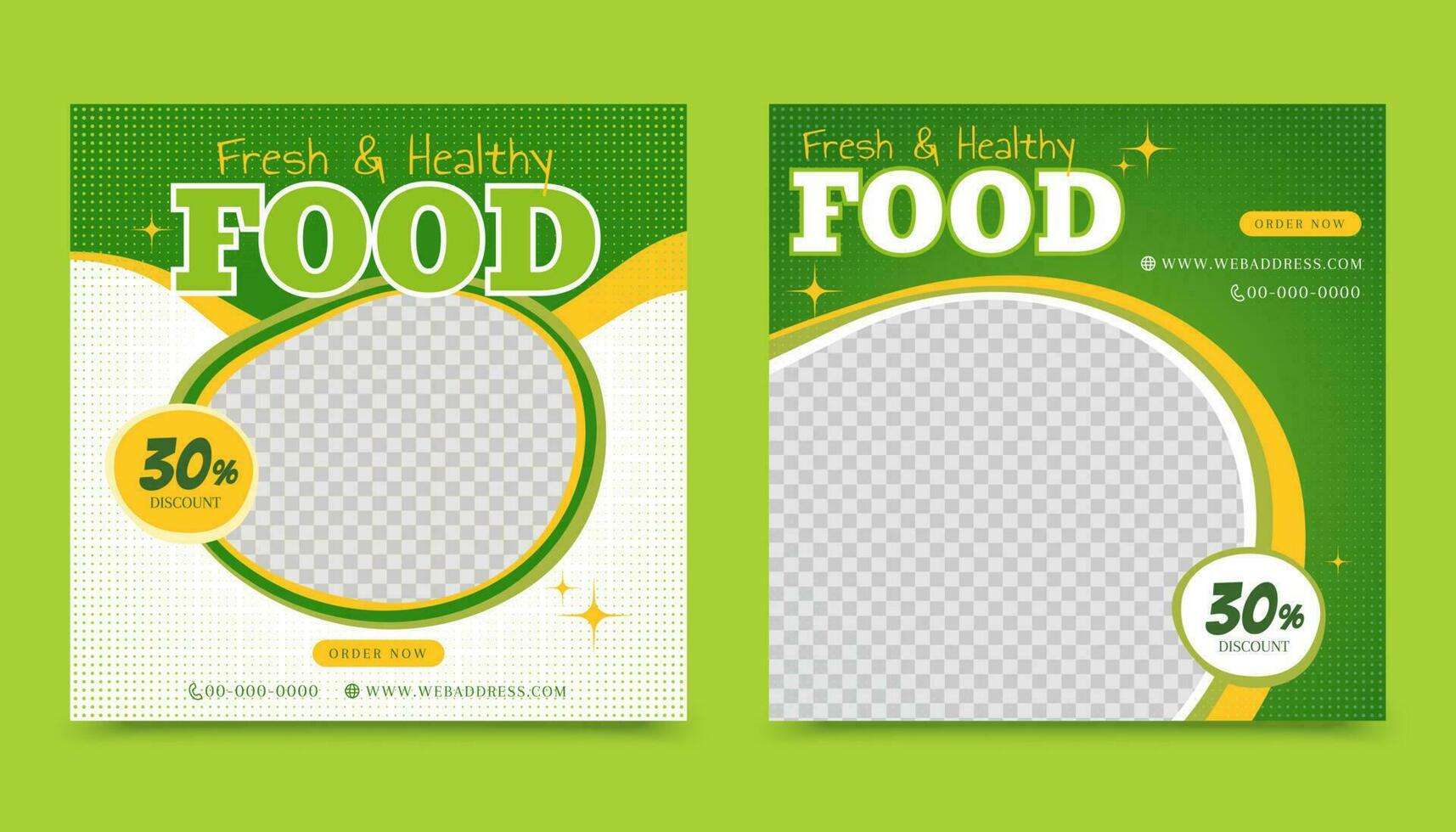 Healthy and fresh food post template in green and yellow vector