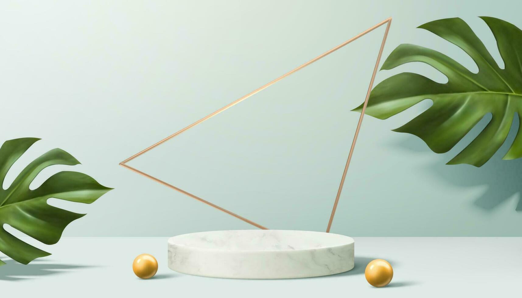 Product display podium decorated with pearls and leaves on aqua blue, 3d illustration vector