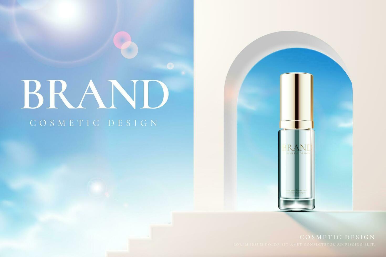 3d illustration of skincare product ad, surreal background design of sky view through window with sun flare vector