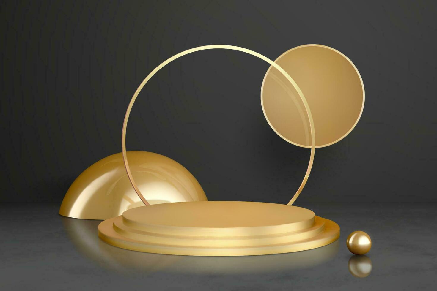 Abstract backdrop for product display, golden podium with geometric elements, 3d illustration vector
