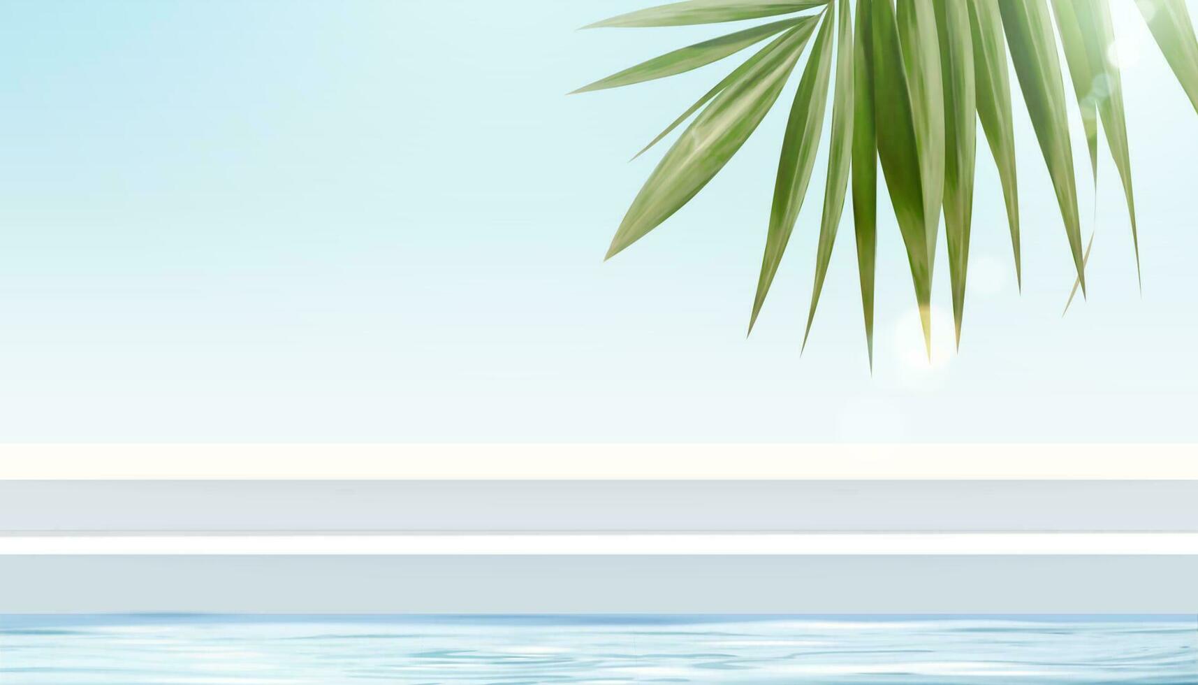 Tropical stage for product display in 3d illustration, white stair stage with sea, palm leaves and sunshine design elements vector