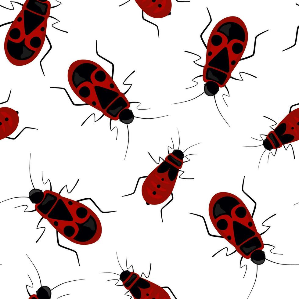 sin costura modelo rojo escarabajo soldado con negro puntos y lugares en un blanco antecedentes. vector ilustración de mariquita, ácaro insecto.