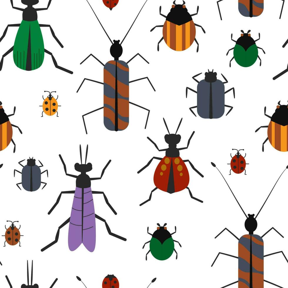 Seamless pattern with different insects. Abstract beetles of different shapes and colors. Vector graphics.