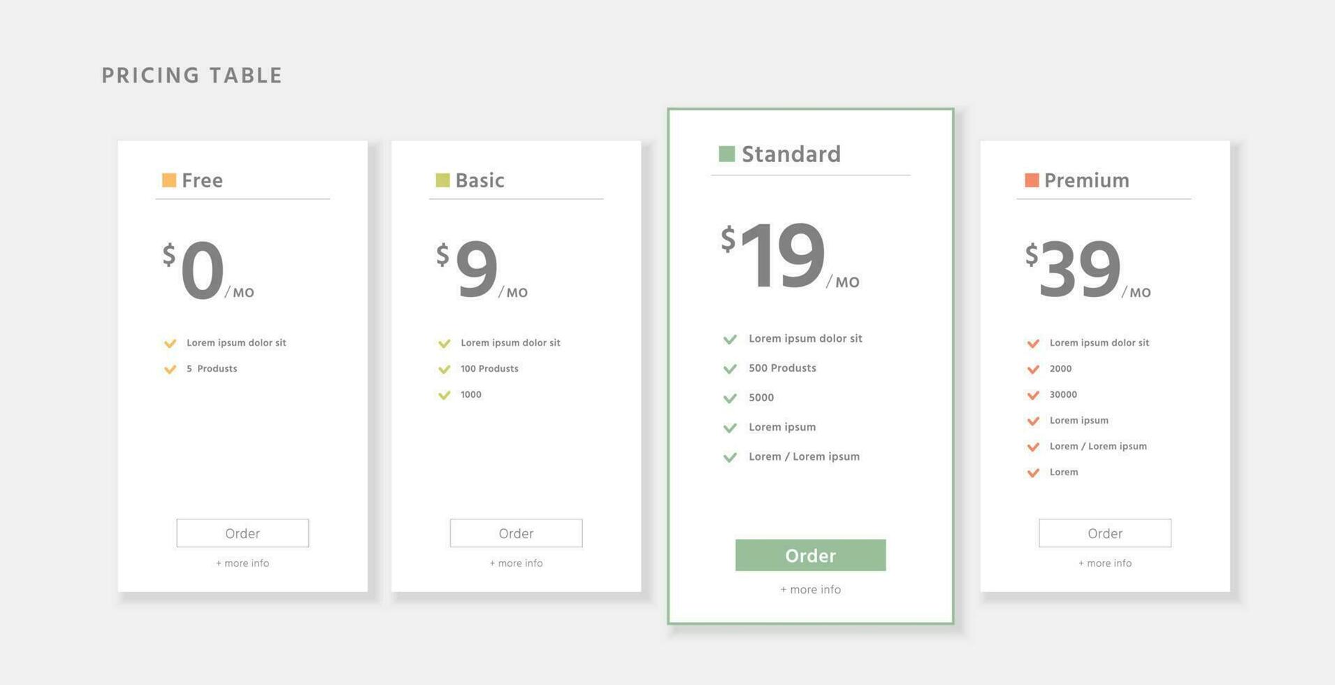 pricing table in minimalistic design infographic template, free, basic, standard, premium vector