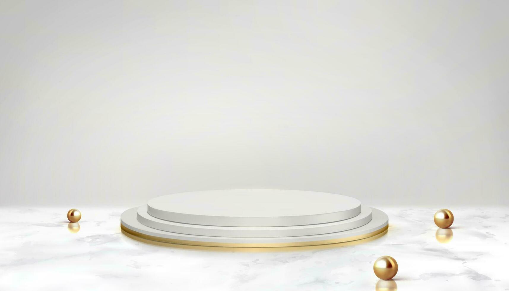 Product display podium on white background with golden pearls elements in 3d illustration vector