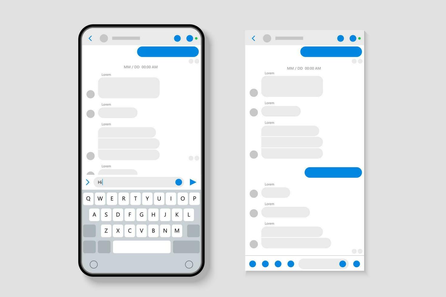 SMS interface mockup on smartphone with speech bubbles and keyboard vector