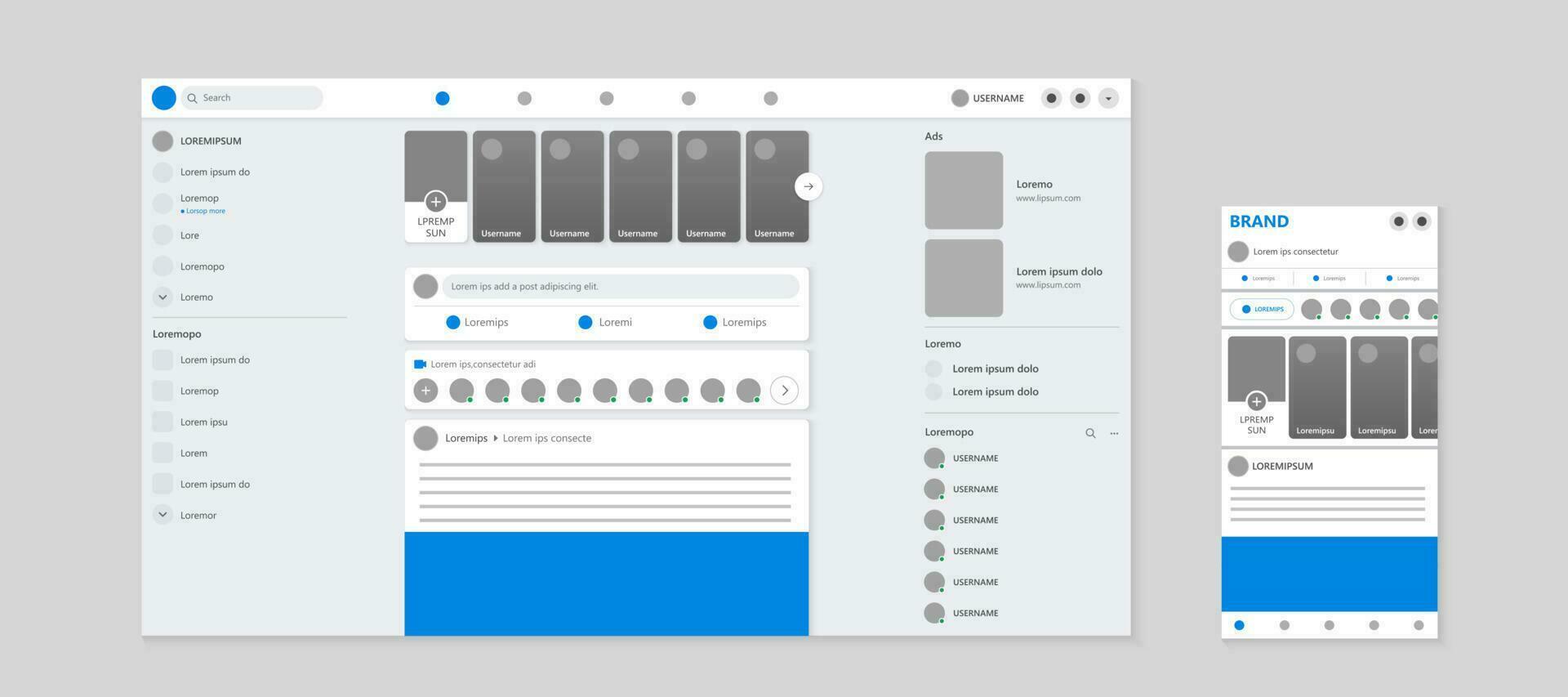 social red sitio web estructura metálica interfaz Bosquejo para computadora y móvil teléfono, rwd modelo vector