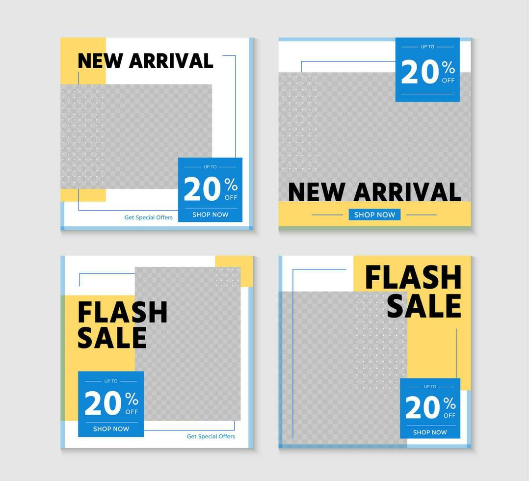 New arrival and flash sale discount template set illustrations. Promotion square web banner for social media mobile apps. Editable mockup with abstract shape. Digital banner and poster. vector