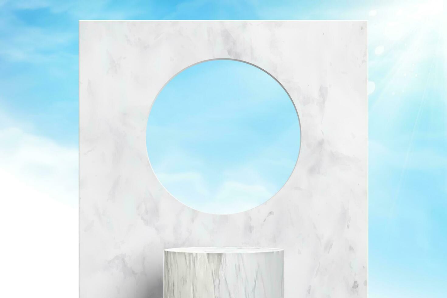 3d illustration of white marble background with hole. Minimal design to showcase product against sky background. vector