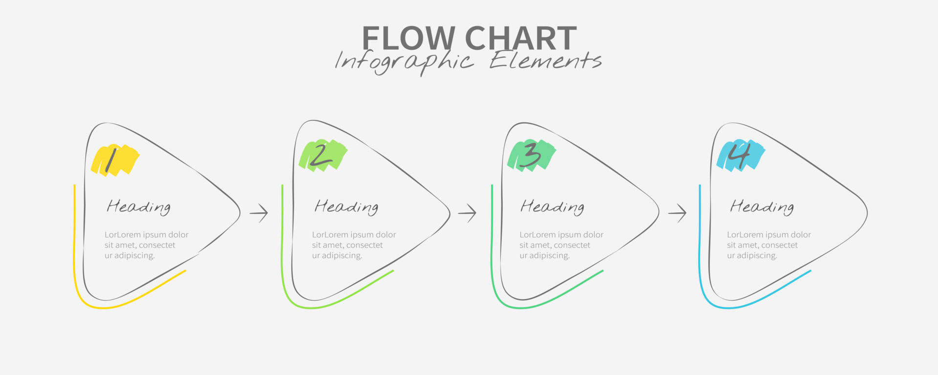 Hand-drawn flow chart elements with four colored parts horizontally ...