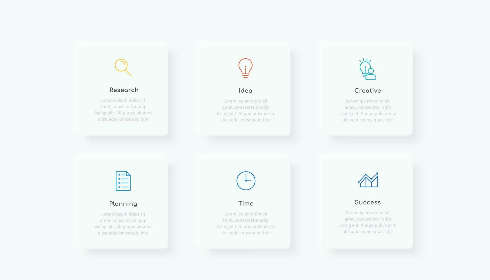 Minimal infographic template design with six icons and text boxes, suitable for professional website and business presentation vector