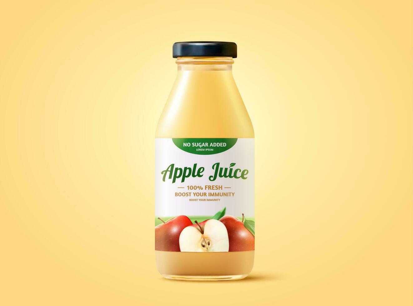 Fresh apple juice ad mockup in 3d illustration, realistic bottle yellow background vector