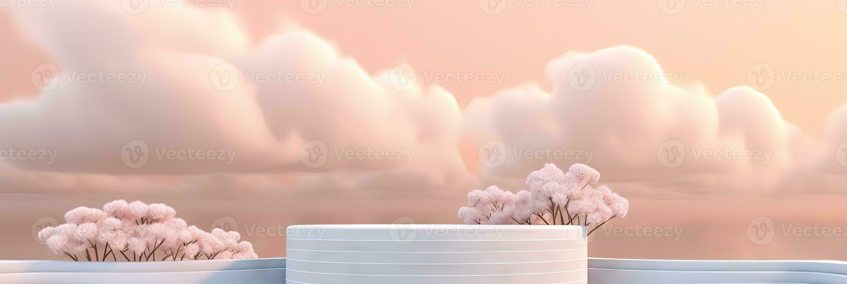 Surreal podium outdoor on blue sky pink gold pastel soft clouds with space. 3d blender composition. Minimalistic showcase from stage and cloud on a blue-pink pastel background photo