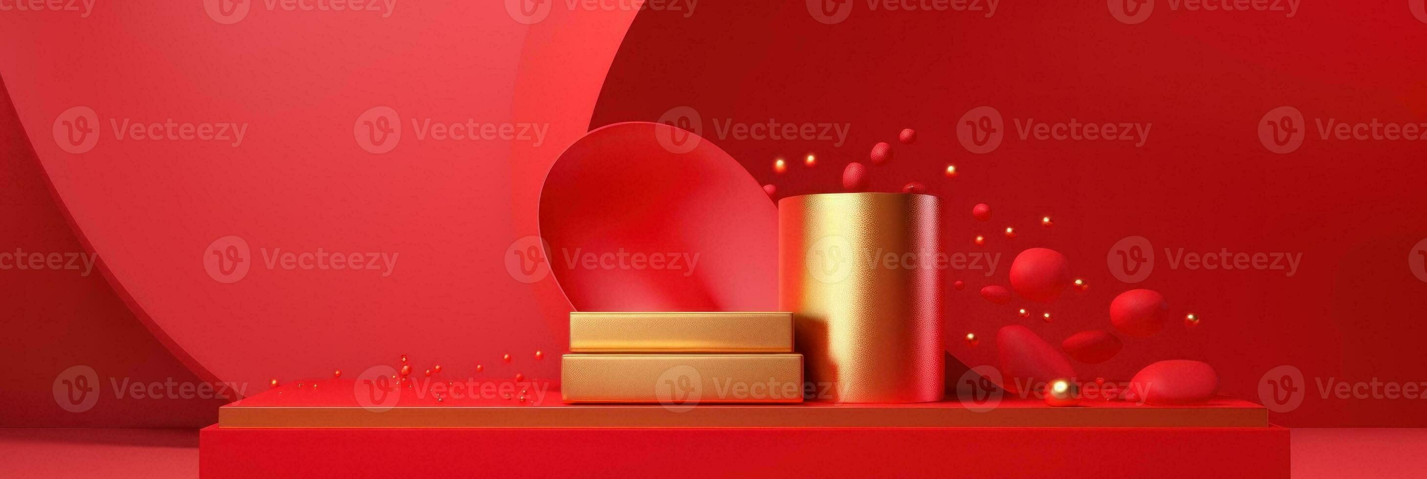 Red modern style one podium product showcase with golden ring frame Japanese style pattern background. A luxury stage for product advertising. photo