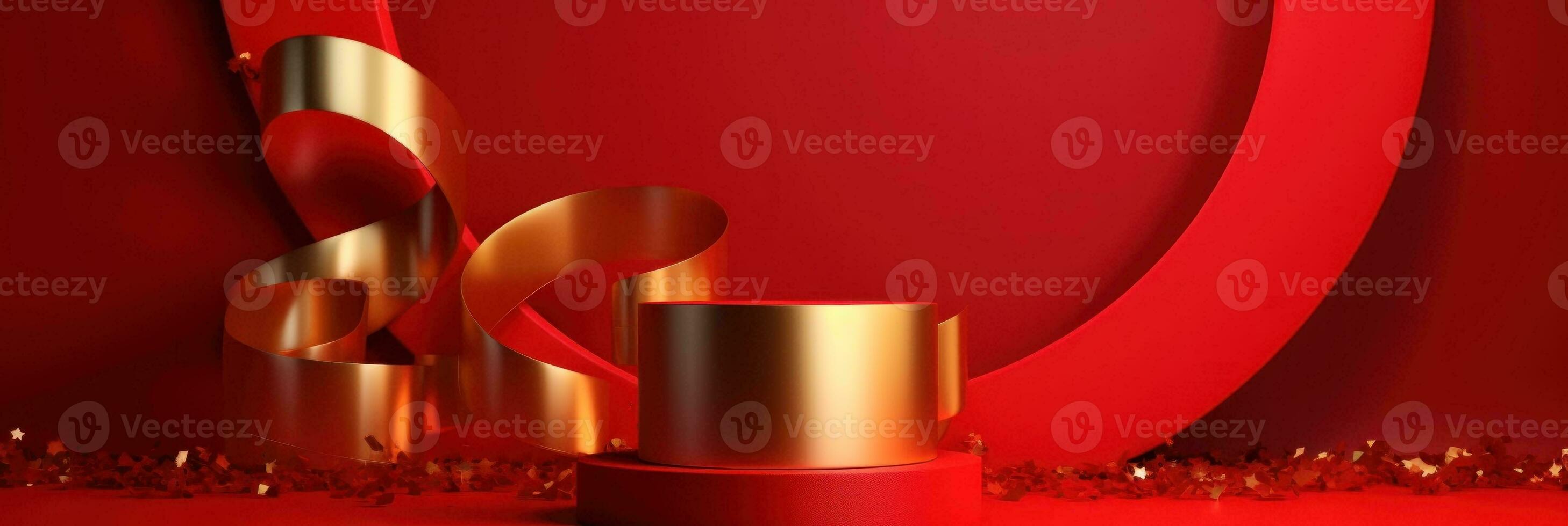 Red modern style one podium product showcase with golden ring frame Japanese style pattern background. A luxury stage for product advertising. photo