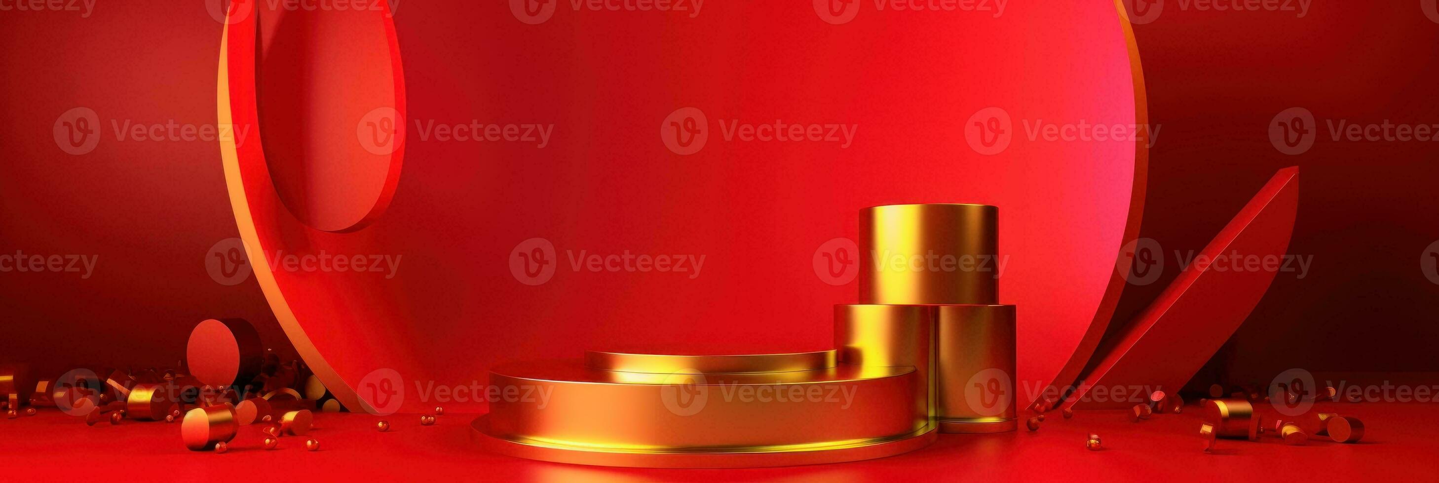 Red modern style one podium product showcase with golden ring frame Japanese style pattern background. A luxury stage for product advertising. photo