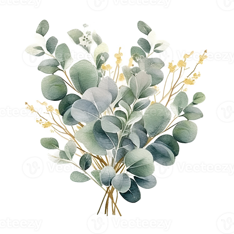 waterverf groen en gouden eucalyptus bladeren. illustratie ai generatief png