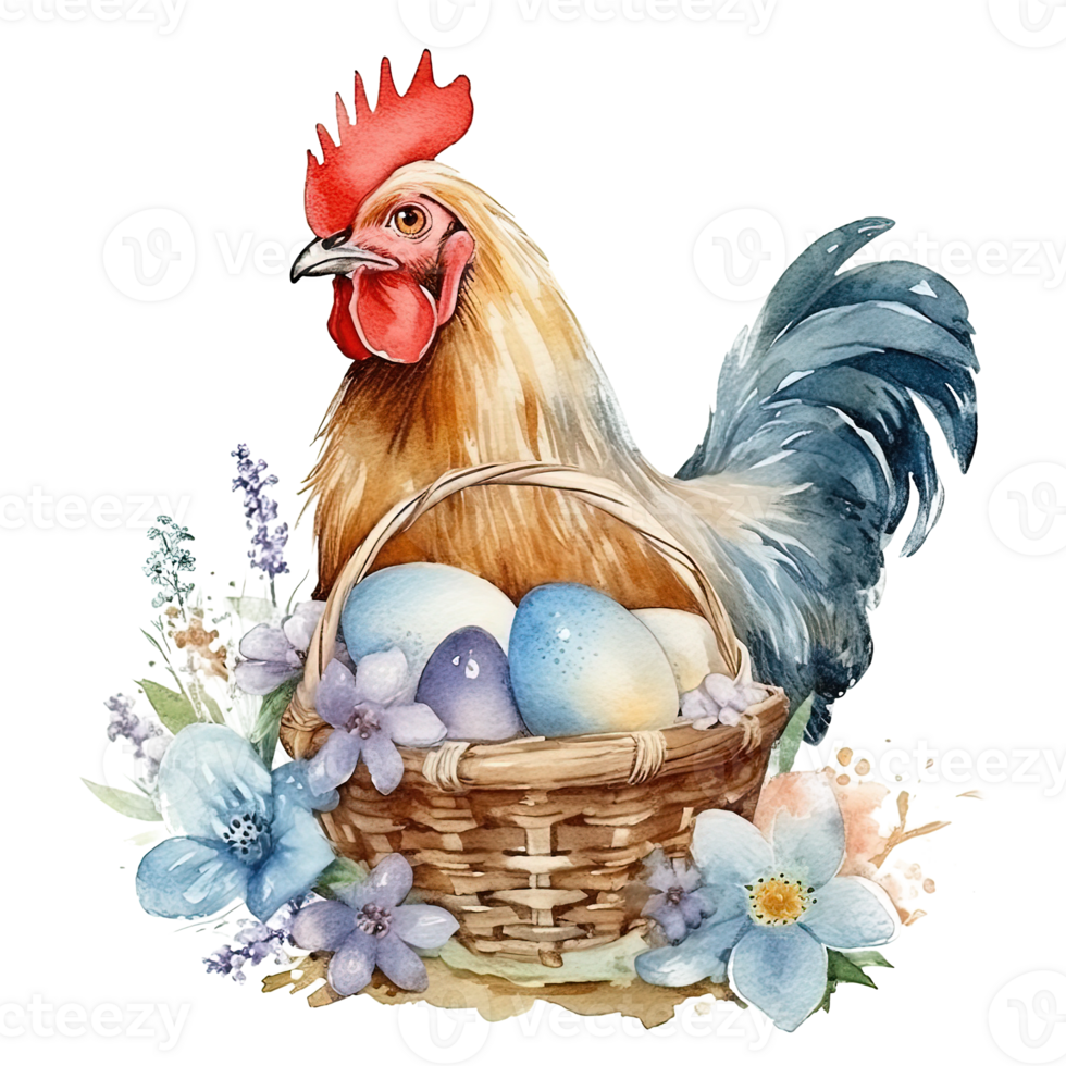 Watercolor chicken with eggs. Illustration png