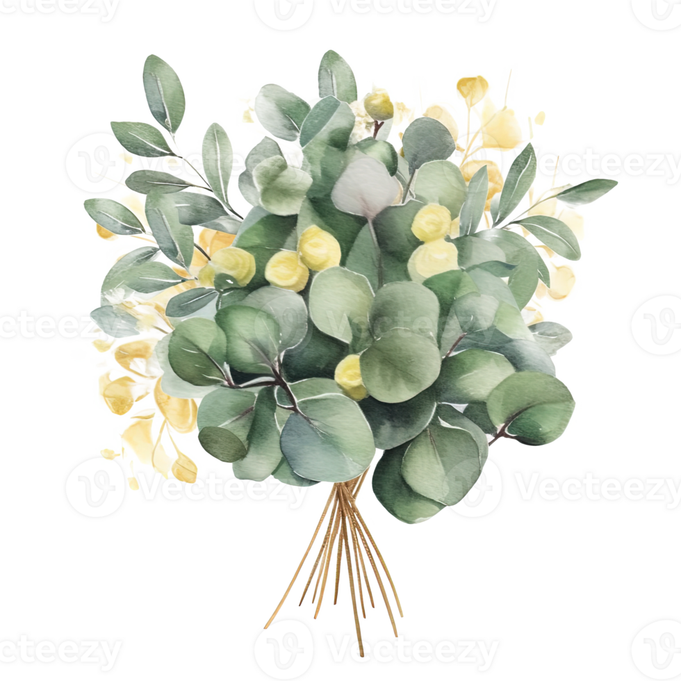 waterverf groen en gouden eucalyptus bladeren. illustratie ai generatief png