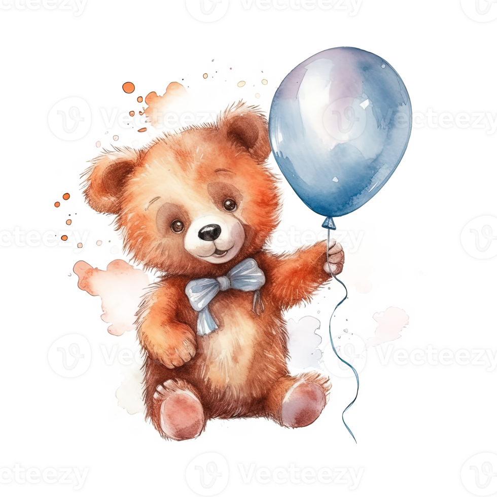 Watercolor teddy bear with balloons. Illustration png