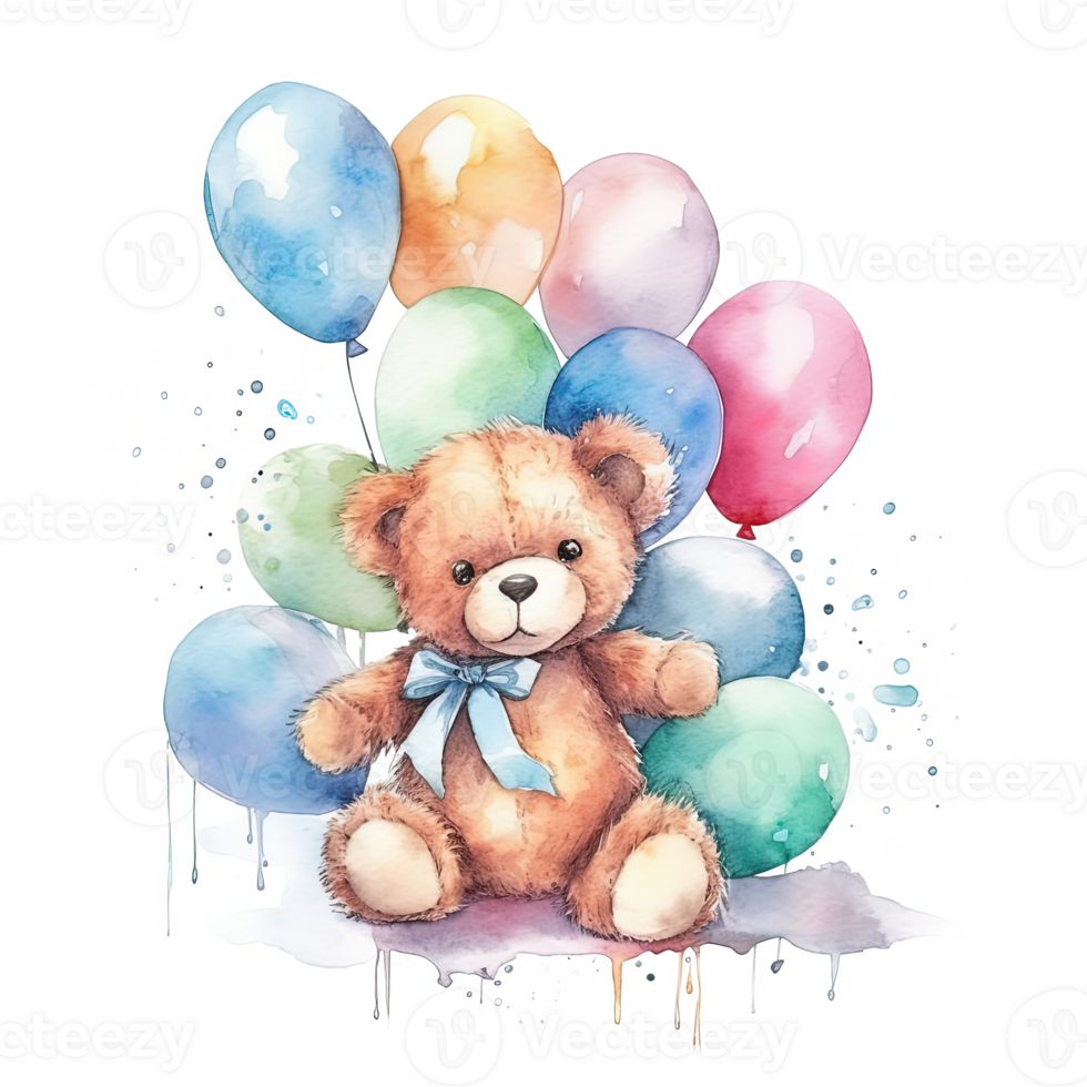 osito de peluche oso con globos ilustración ai generativo png