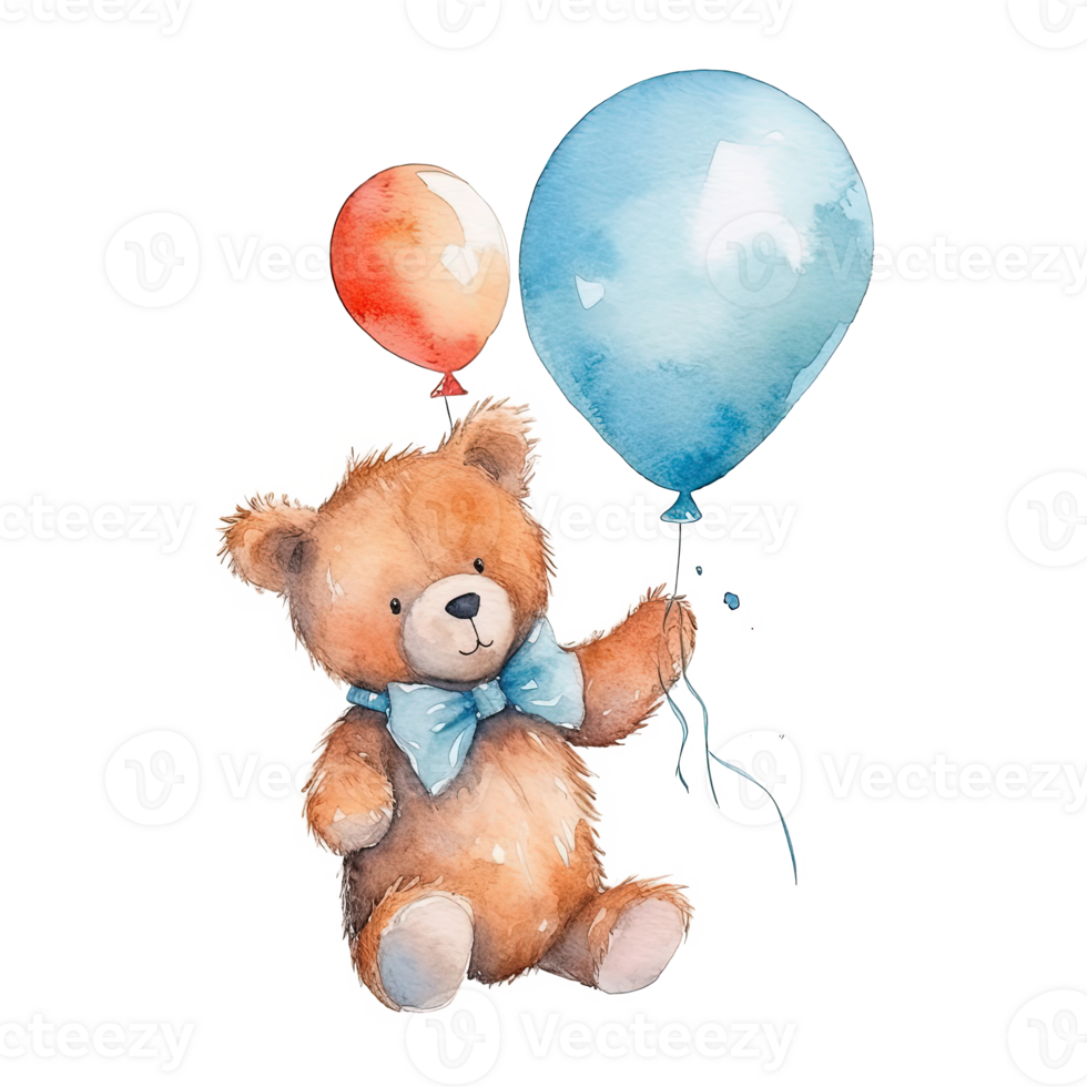 Watercolor teddy bear with balloons. Illustration png