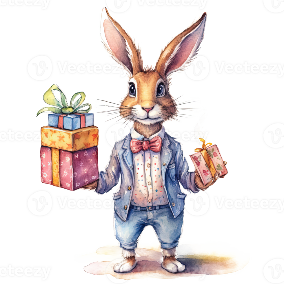Watercolor rabbit with gift box. Illustration png