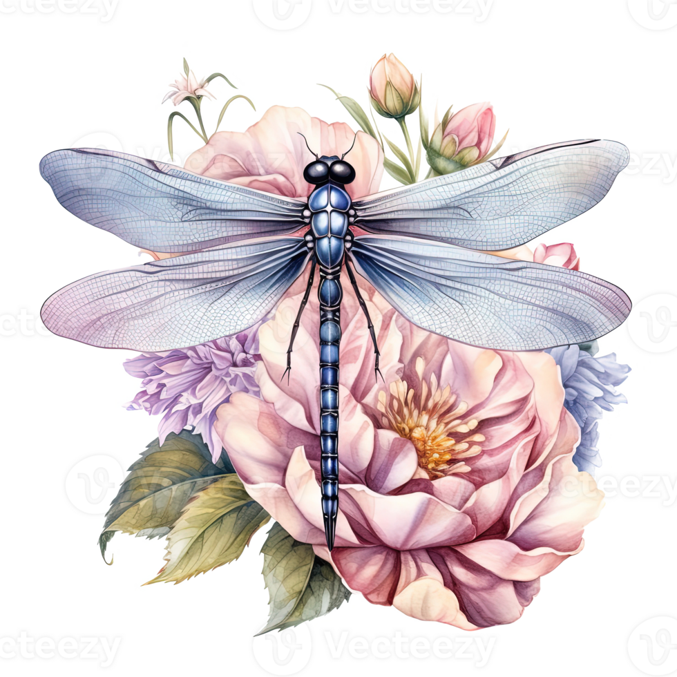 Watercolor dragonfly botanical illustration. Illustration png